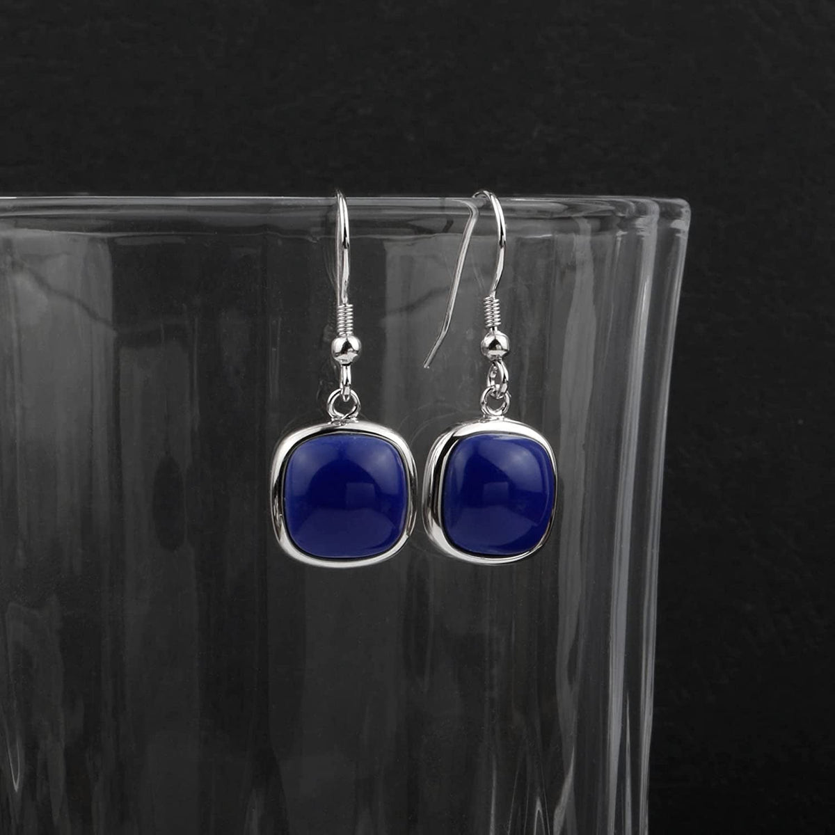 Sterling Silver Square Cabochon Blue Lapis Lazuli Earrings for Classy Women