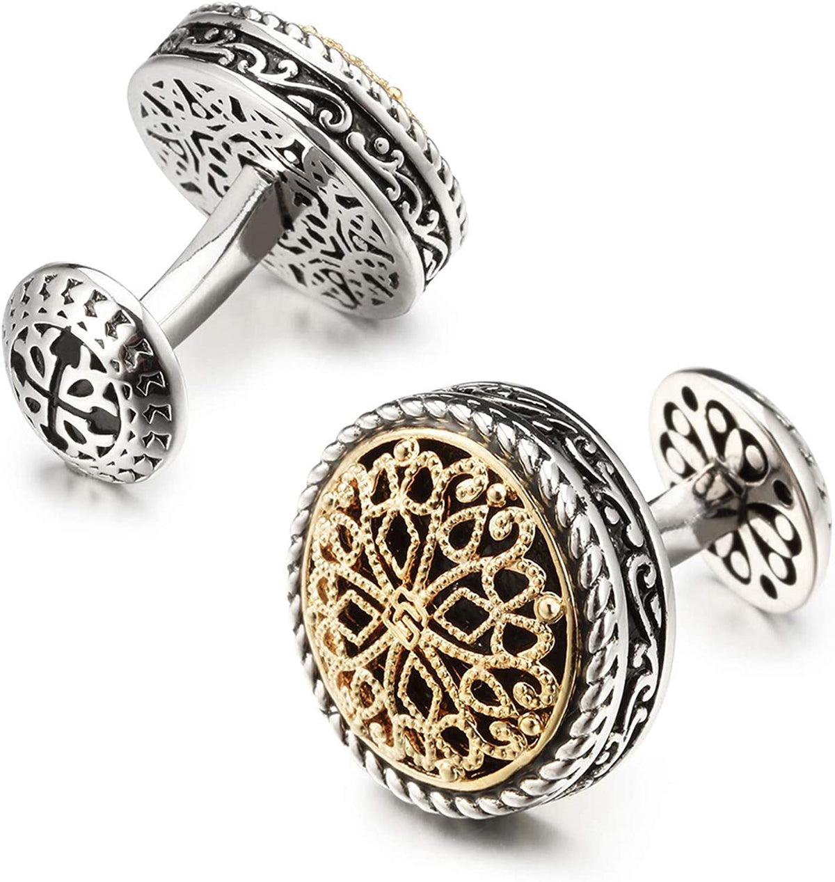 Men'S Silver & 18K Gold Plated round Whale Back Closure Cufflinks for Men, for W