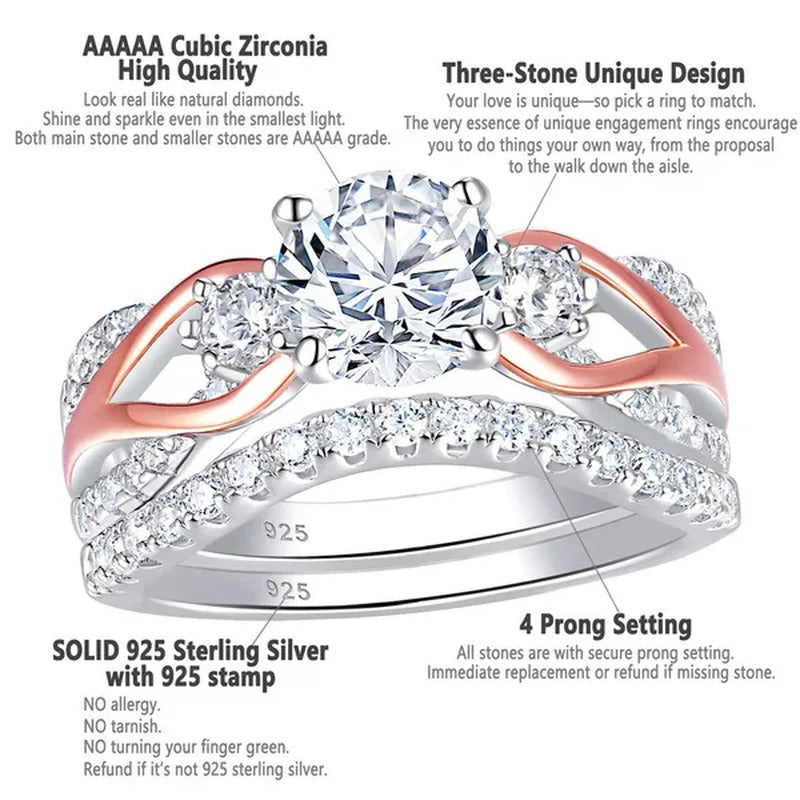 Newshe Solid 925 Sterling Silver Rose Gold Wedding Ring Sets for Women round Cut