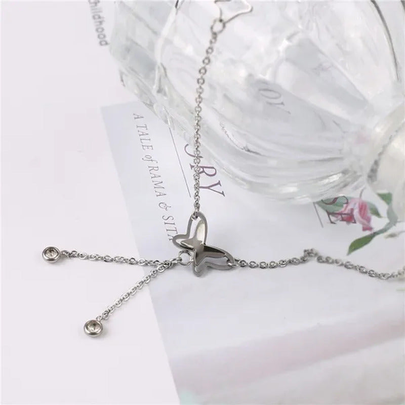 Women Beach Anklet Hollow Butterfly Double Drill Tassel Rose Bracelet Ankle Chai