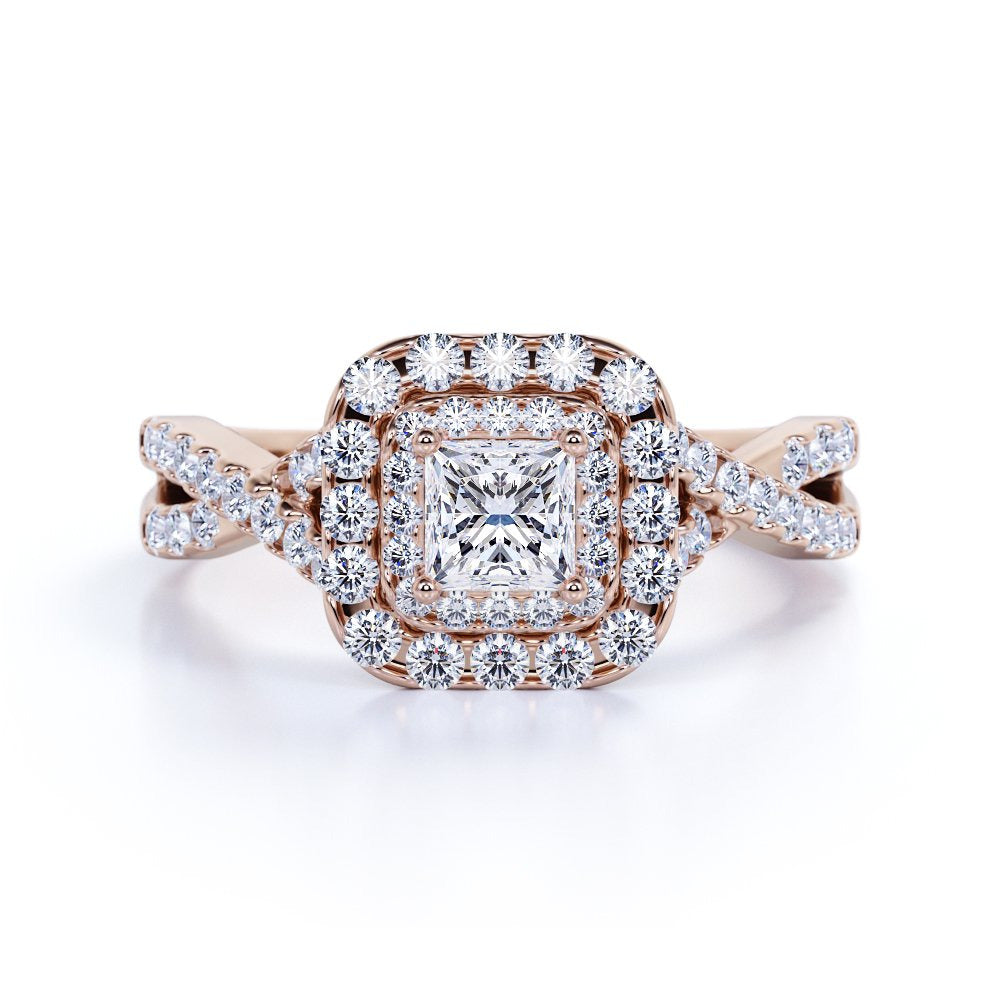 Elegant 1 Carat - Square Cut Diamond - Twisted Band - Pave - Double Halo Engagem
