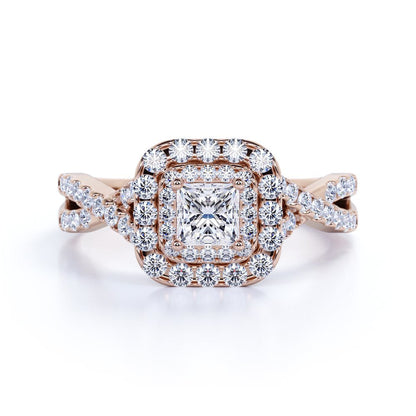 Elegant 1 Carat - Square Cut Diamond - Twisted Band - Pave - Double Halo Engagem