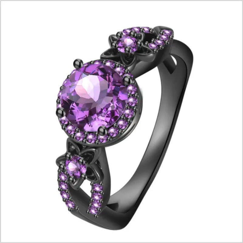 Exquisite Flower Shiny Red Garnet Ring Fashion Jewelry Vintage Black Gold Filled