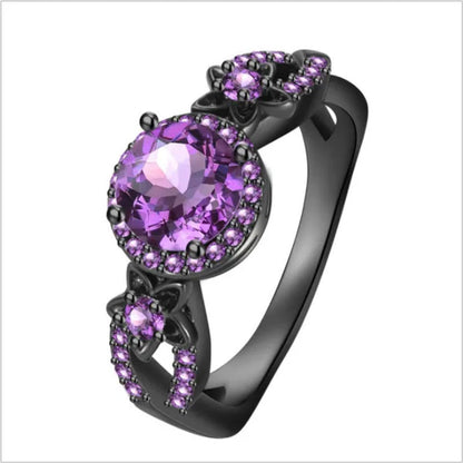 Exquisite Flower Shiny Red Garnet Ring Fashion Jewelry Vintage Black Gold Filled