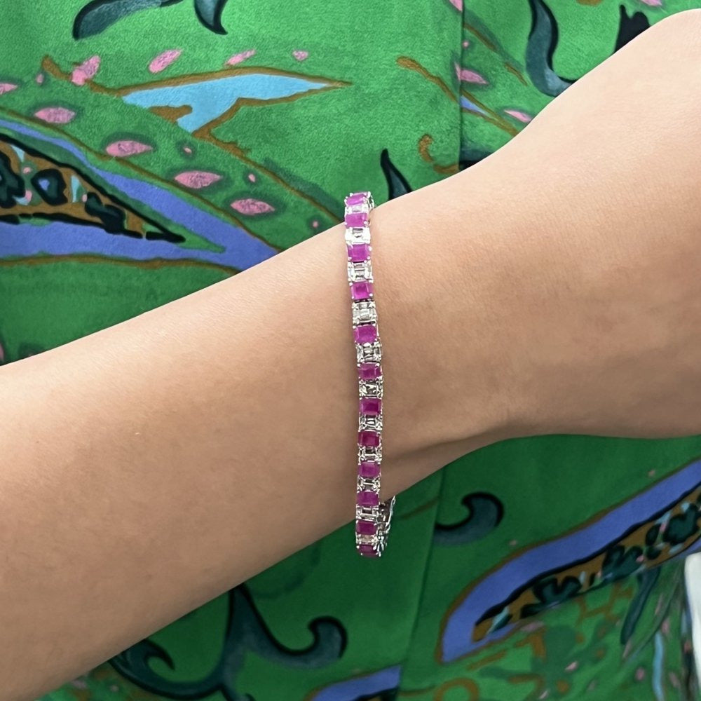 Emerald Cut Ruby and Diamond Tennis Bracelet 14K White Gold 7 Inches