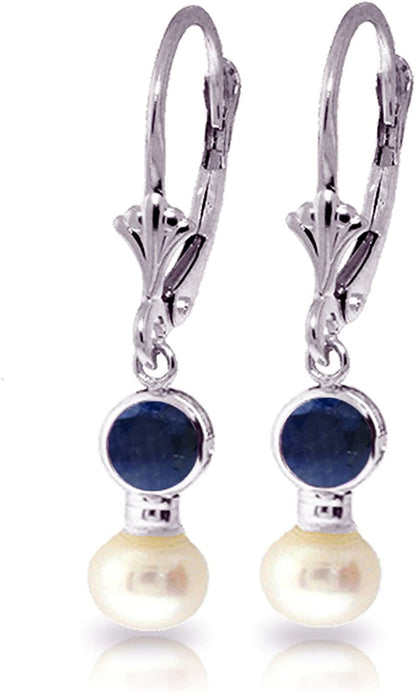 Galaxy Gold GG 5.2 CTW 14K Solid White Gold Leverback Earrings Pearl Sapphire