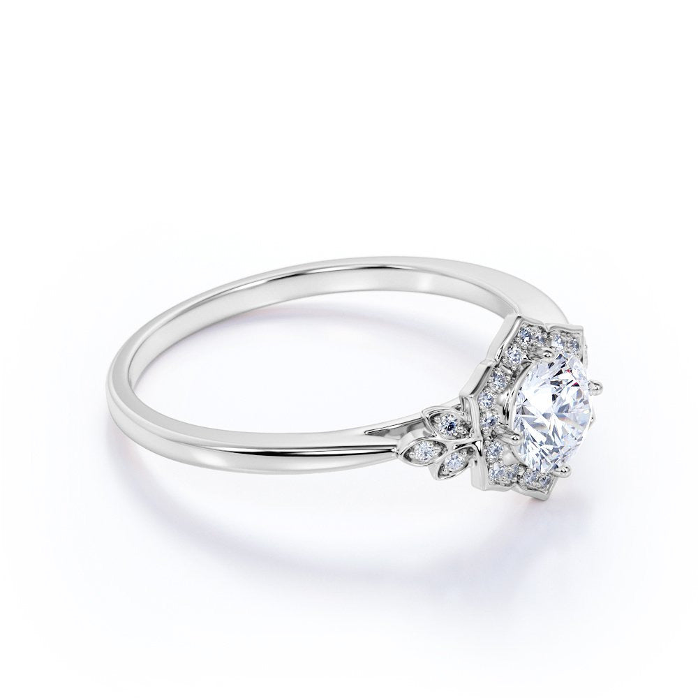 1.25 Carat round Cut Moissanite and Diamond Vintage Art-Deco Engagement Ring in