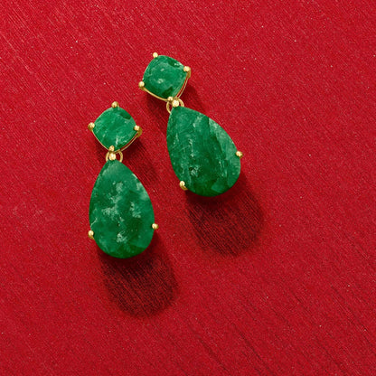 19.20 Ct. T.W. Emerald Drop Earrings in 18Kt Gold over Sterling