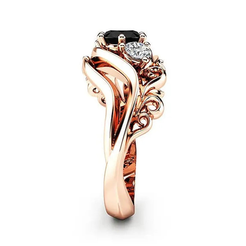 Temperament Obsidian Rose Gold Ring Fashion Flower Line Black Diamond Claw Set T