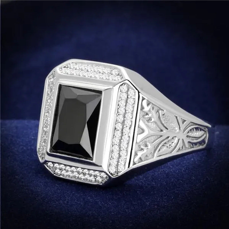 Men Rhodium 925 Sterling Silver Ring with AAA Grade CZ in Black Diamond - Size 9