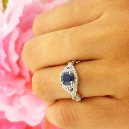 Collection 14K Gold Blue Sapphire & White Diamond Swirl Split Shank Halo Engagem
