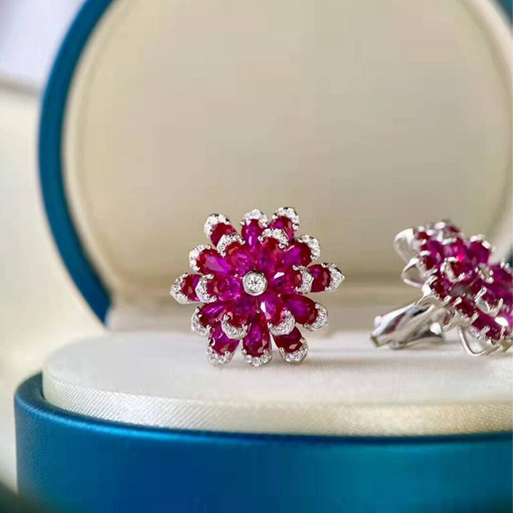 Luxury 100% 925 Sterling Silver Ruby High Carbon Diamonds Gemstone Flower Ear