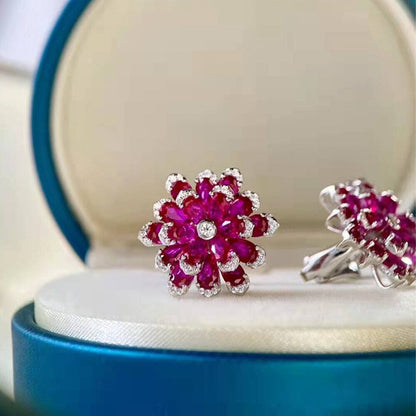 Luxury 100% 925 Sterling Silver Ruby High Carbon Diamonds Gemstone Flower Ear