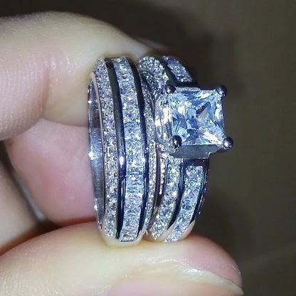 2Pcs Set Princess 925 Sterling Silver White Sapphire & Diamond Wedding Ring