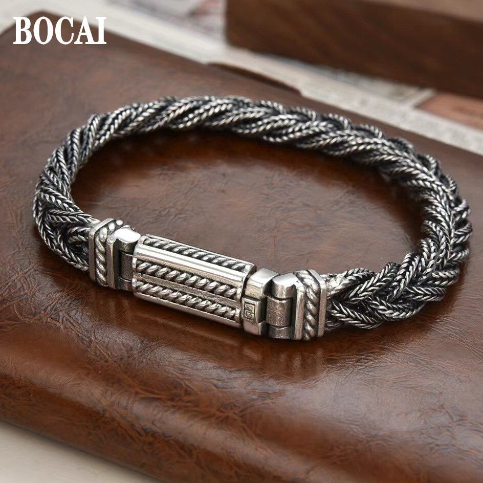 Real S925 Silver Jewelry Retro Heavy Industry Pure Handmade Woven Twist Bracelet