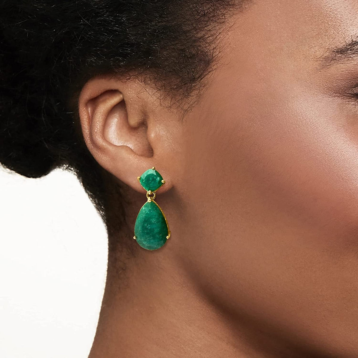 19.20 Ct. T.W. Emerald Drop Earrings in 18Kt Gold over Sterling