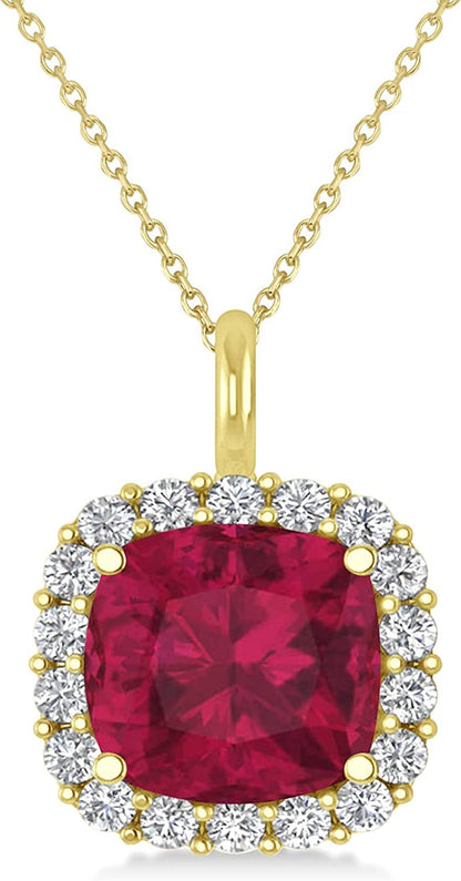 14K Gold (2.76Ct) Cushion Cut Ruby and Diamond Halo Pendant with 14K Gold Chain