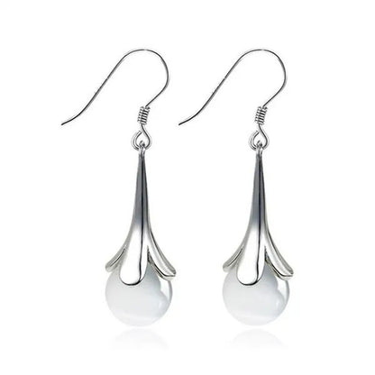 NEW ARRIVAL 925 Sterling Silver Long Earring Simple round Moonstone Dashing Woma