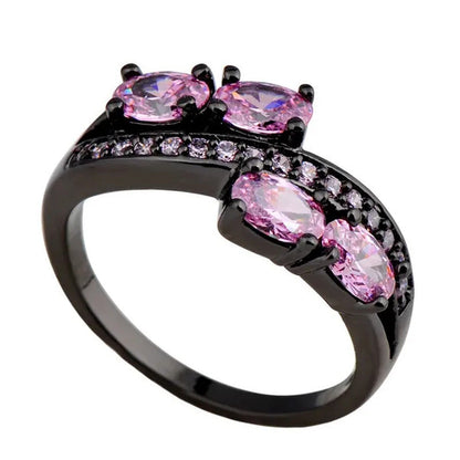 Princess Oval Pink Sapphire Black Gold Double Ring Luxurious Jewelry for Mulher