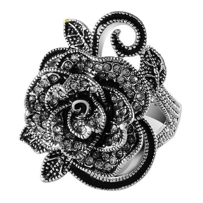 US/UK Trendy Women Retro Rose Flower Ring Black Crystal Vantige Big Flower Rings