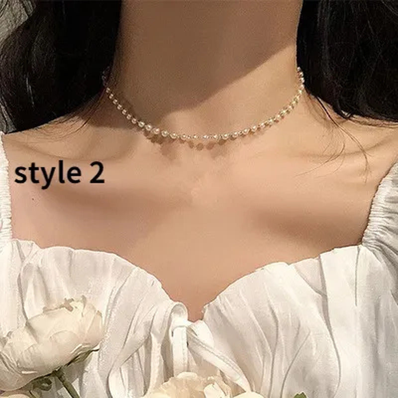 New Beads Women'S Neck Chain Simulation Pearl Necklace Gold Color Goth Chocker J