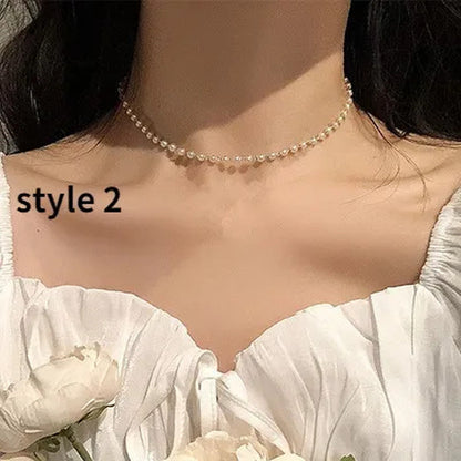 New Beads Women'S Neck Chain Simulation Pearl Necklace Gold Color Goth Chocker J