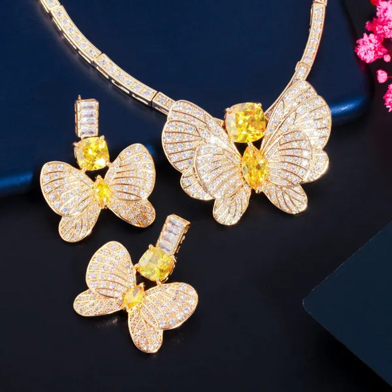 CANDICE Statement Citrine Butterfly Design Pendant Ears Choker Necklace Micro CZ