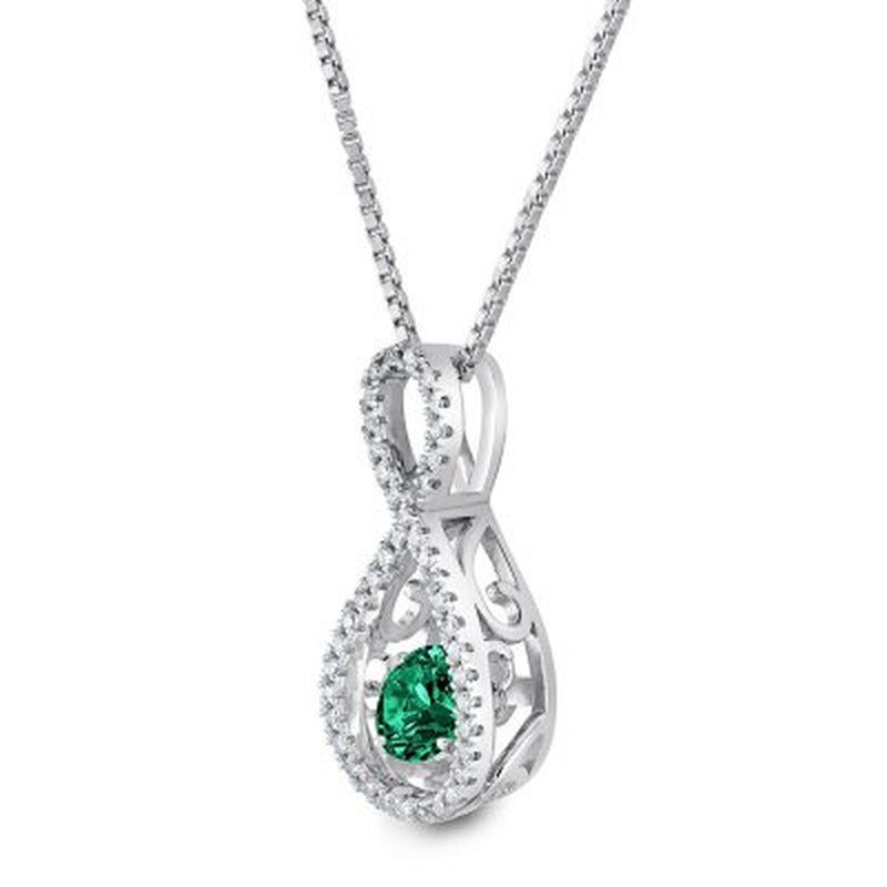 Dancing Lab Created Emerald and 0.12 CT. T.W. Diamond Infinity Pendant in Sterli