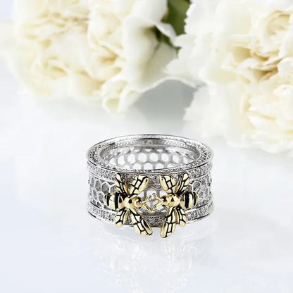Unique Two Bee Honeycomb Sterling Silver Women'S Band Natural White Sapphire Dia