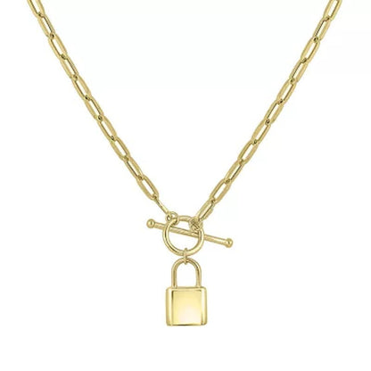 14K Yellow Gold Paperclip Toggle Necklace with High Polish Padlock