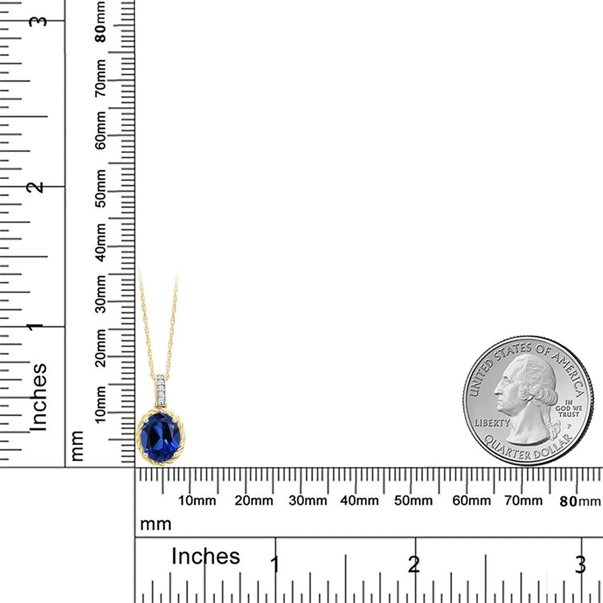 10K Yellow Gold Blue Created Sapphire and White Diamond Pendant Necklace for Wom