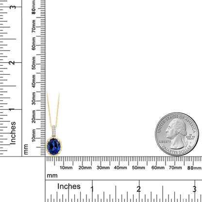 10K Yellow Gold Blue Created Sapphire and White Diamond Pendant Necklace for Wom