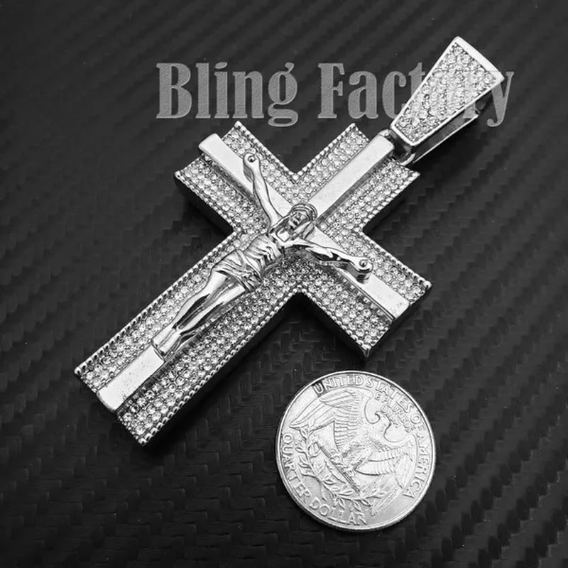 Men'S Iced Gold/Silver Hip Hop Large Holy Jesus Cross Bling Lab Diamond Charm Pe