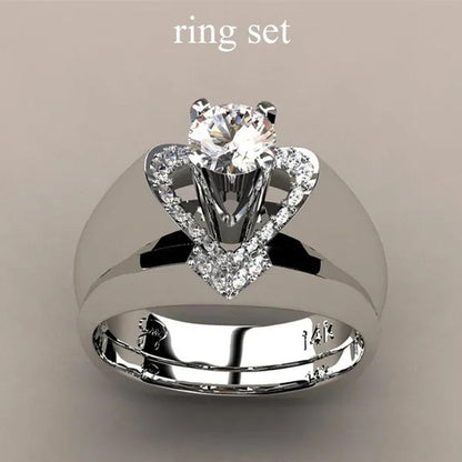 New Fashion Creative Exquisite Women'S Heart Shaped Simulation Zircon Ring Set E