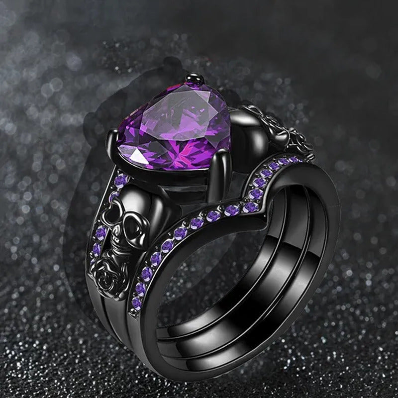 Gothic Black Rose Flower Skull Engagement s Set Red Purple Heart-Shaped Zircon C