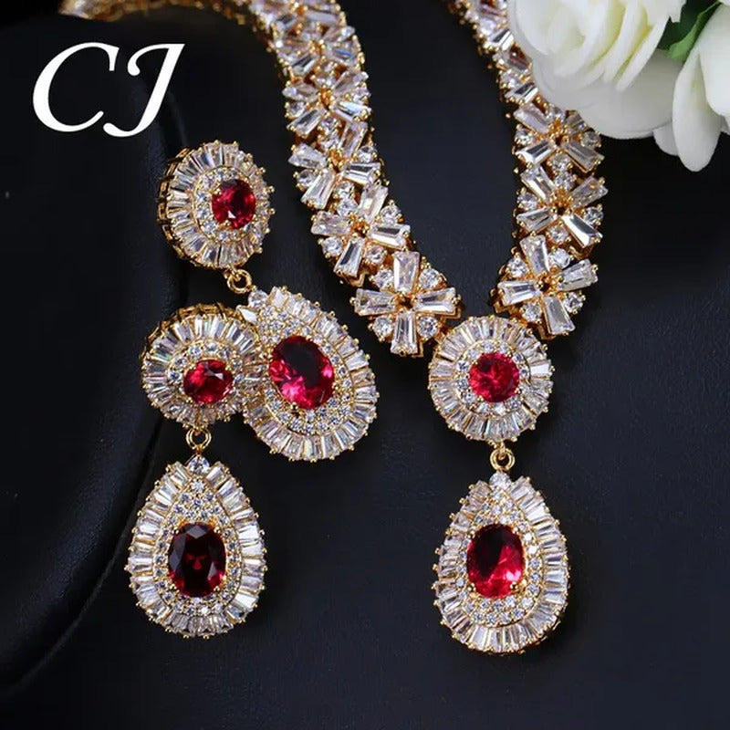 CANDICE African 18K Gold Plating Hand-Inlay CZ Diamond Pendant Necklace and Earr
