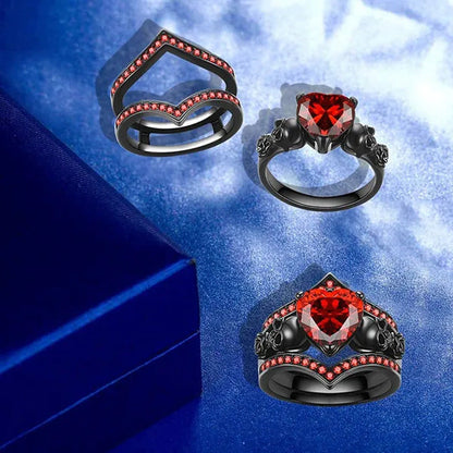 Gothic Black Rose Flower Skull Engagement s Set Red Purple Heart-Shaped Zircon C