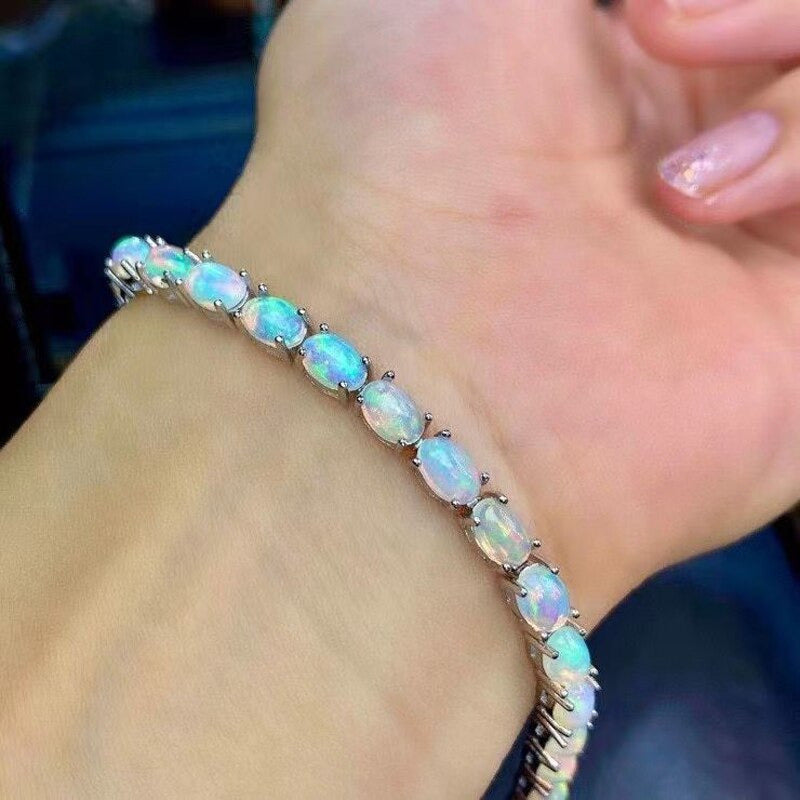 Natural Opal Simple Bracelet 925 Sterling Silver Colorful Stone Bangle for Women