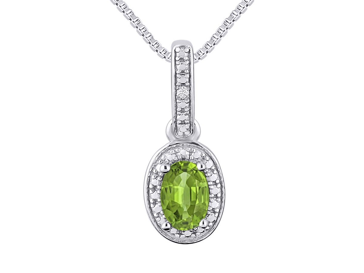 Diamond & Peridot Pendant Necklace in 14K White Gold with 18" Gold Chain - Augus