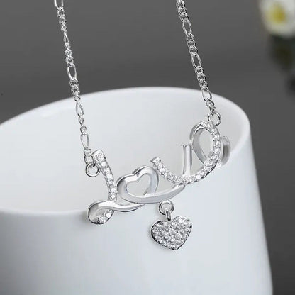 Pretty Women'S 925 Sterling Silver Heart Beautiful LOVE Pendant Diamonds Necklac