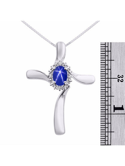 Diamond & Blue Star Sapphire Cross Pendant Necklace Set in Set in Sterling Silve