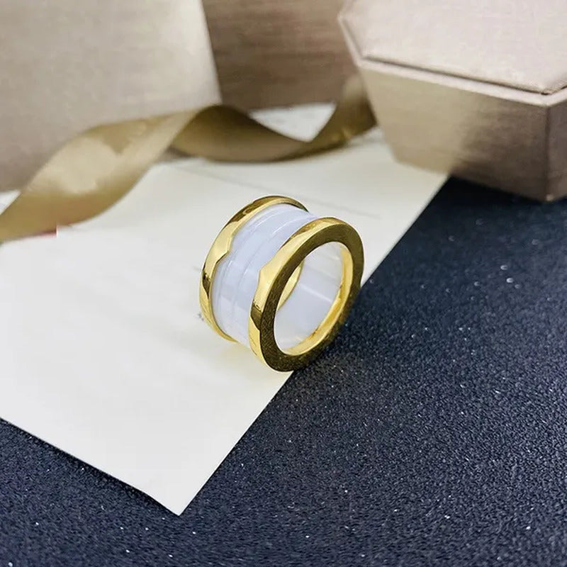 Spring Ring Titanium Steel 18K Rose Gold Plated Black and White Ceramic Ring