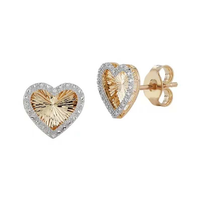 14K Yellow Gold Diamond Cut Heart Earrings