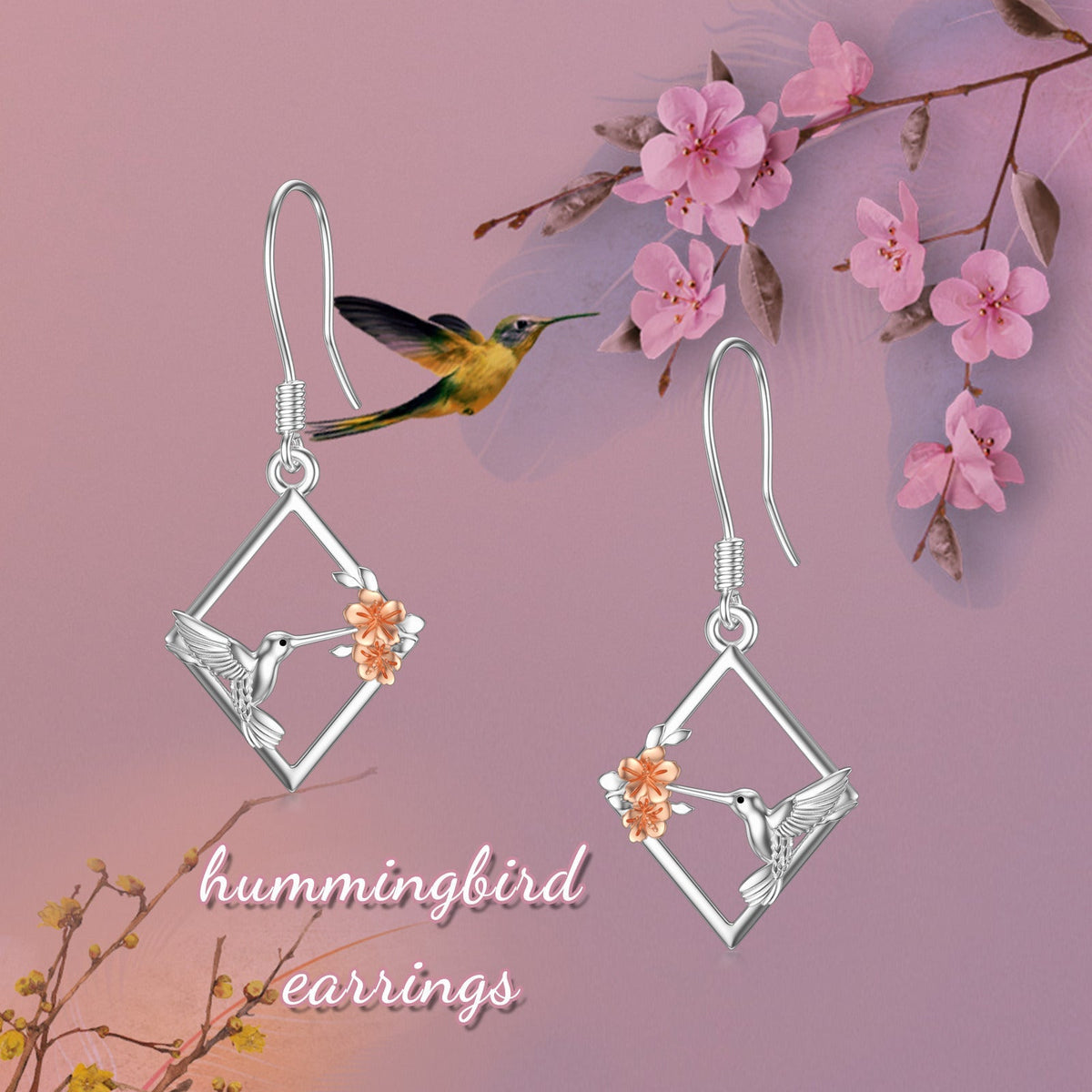Hummingbird Earrings Sterling Silver Flower Hummingbird Dangle Drop Earrings Bir