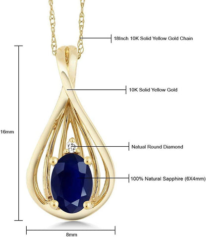 10K Yellow Gold Blue Sapphire and Diamond Teardrop Pendant Necklace for Women (0