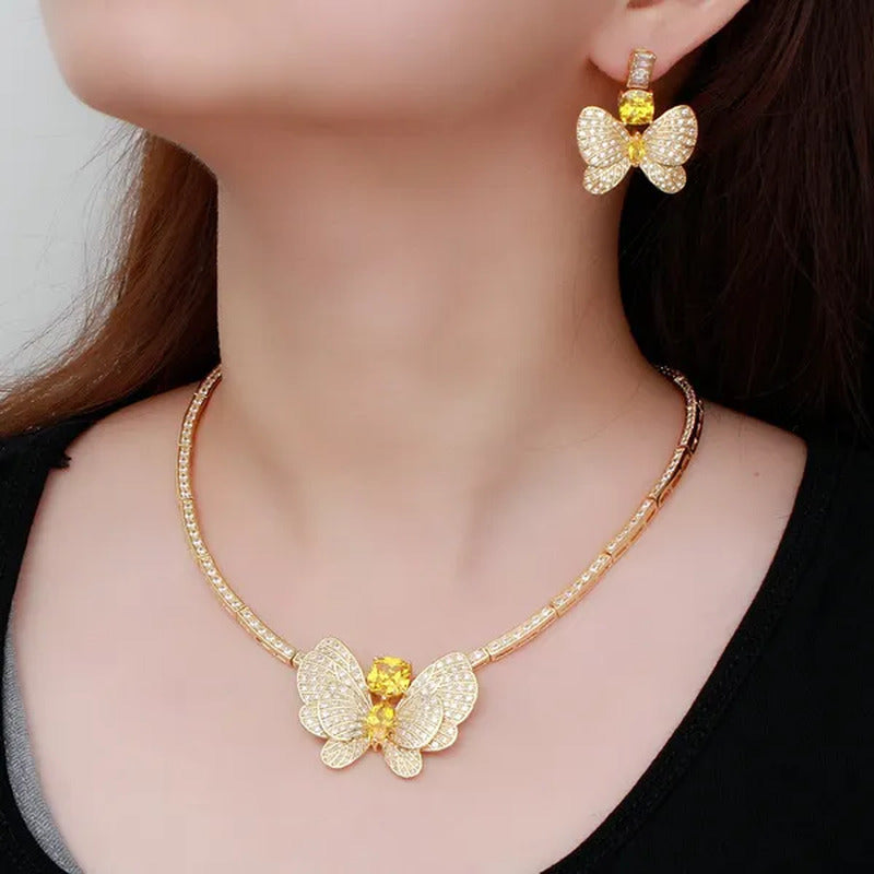 CANDICE Statement Citrine Butterfly Design Pendant Ears Choker Necklace Micro CZ