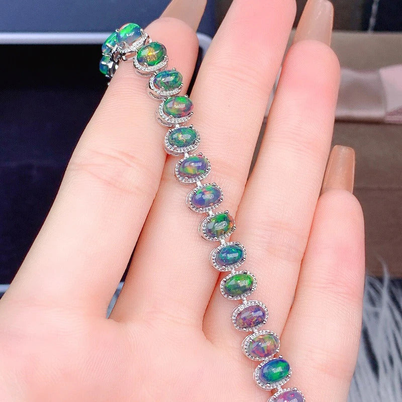 925 Sterling Silver Inlaid Natural Black Opal Bracelet Delicate Female Popular S