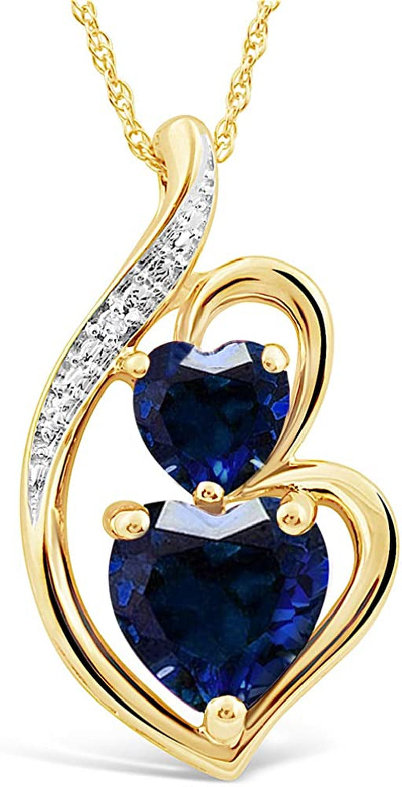 Lab Created Blue Sapphire Necklace Heart in 10K Yellow Gold with Diamond Accent