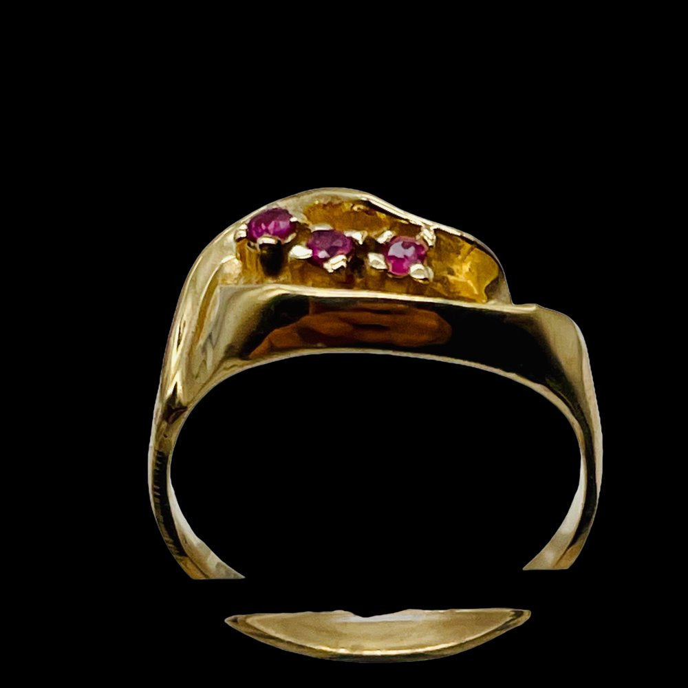 Three Stone Natural Red Ruby in Solid 14K Yellow Gold Ring | Size 6 |
