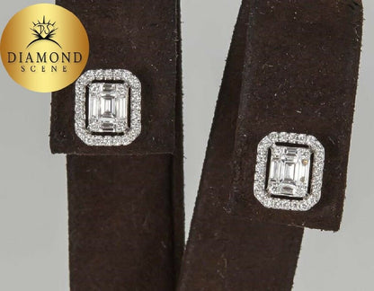Illusion Emerald Cut Diamond Gold Stud Earrings F color VS clarity